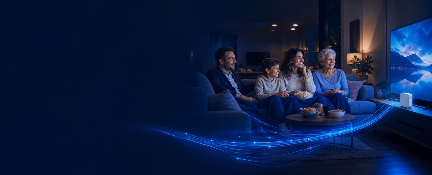 Salonda kanepede oturan dört kişilik bir aile, birlikte televizyonda film izliyor.