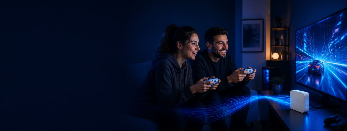 Evde kanepede oturan genç bir çift, ellerinde oyun kollarıyla televizyonda yarış oyunu oynuyor.